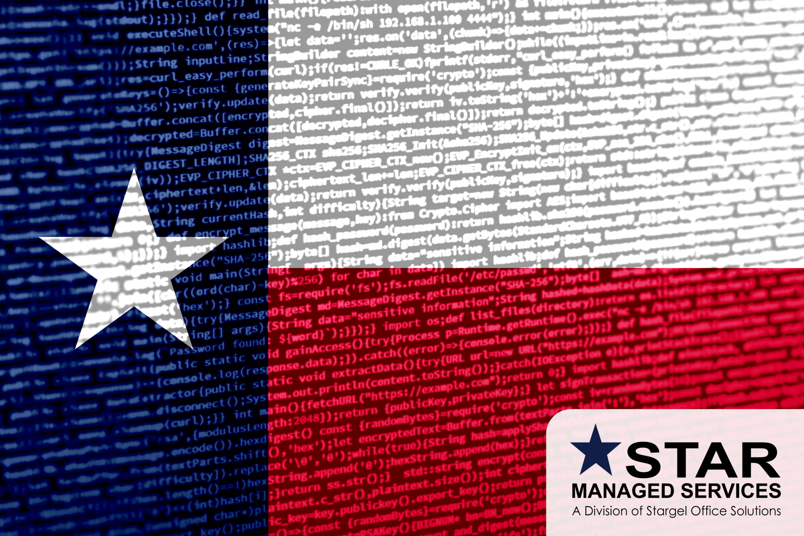 Texas flag built out of 0s and 1s to symbolize IT support in Texas. Includes Star Managed Services logo
