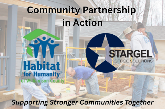Habitat for Humanity of Williamson County and Stargel Office Solutions partnership graphic showing volunteers building a home with the message 'Community Partnership in Action.'