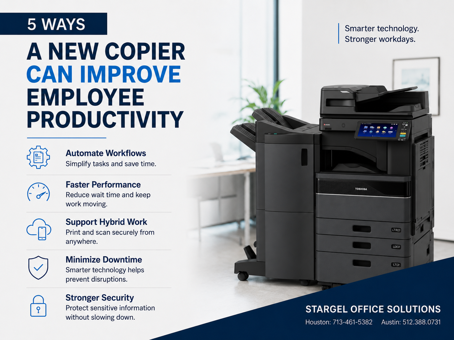 Toshiba copier showing how a new copier can improve employee productivity, workflow automation, security, and office efficiency