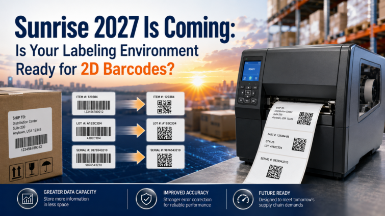 Barcode label printer producing 2D barcode labels for warehouse and inventory operations