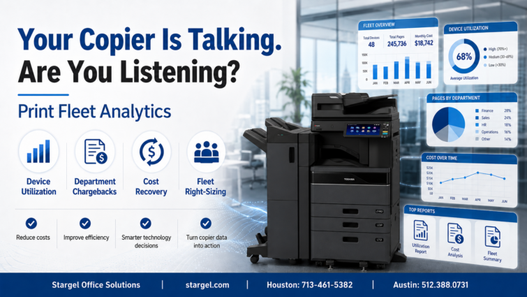 Print fleet analytics dashboard showing copier data, device utilization reports, print volumes, cost recovery, and printer fleet optimization