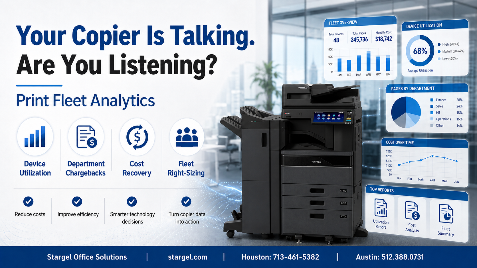 Print fleet analytics dashboard showing copier data, device utilization reports, print volumes, cost recovery, and printer fleet optimization
