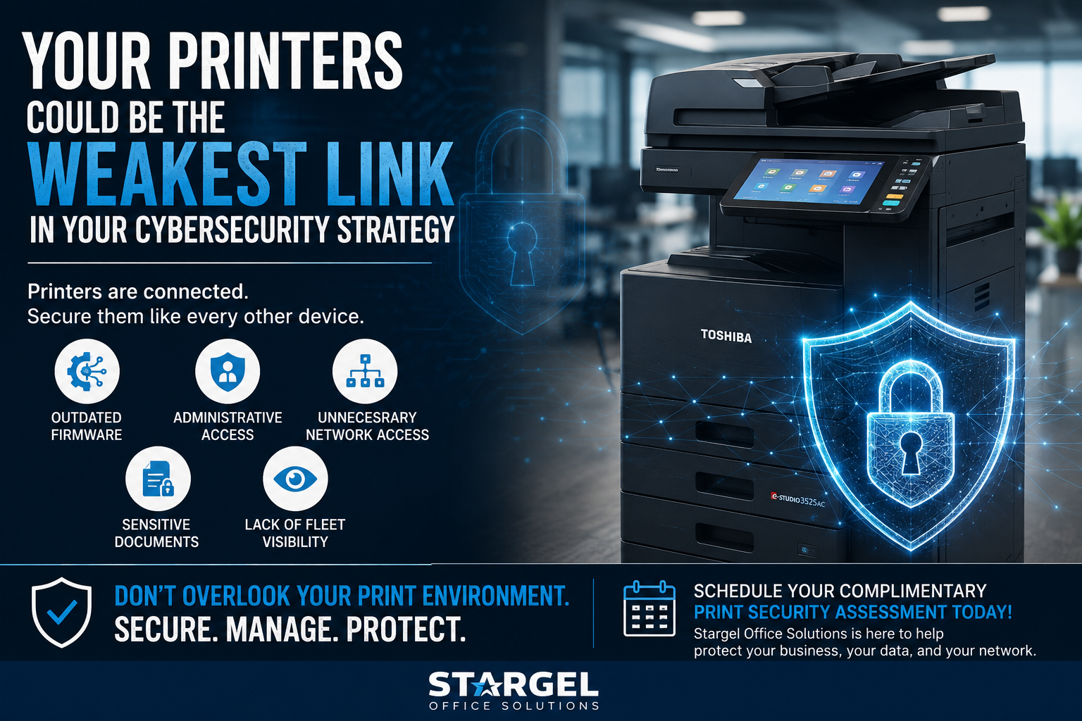 Print security assessment showing printer cybersecurity risks, network printer security, secure print release, firmware updates, and printer fleet visibility