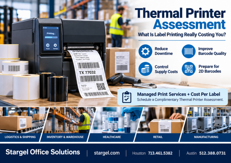 Thermal printer assessment showing Zebra thermal printers, barcode label printing, shipping labels, cost per label, downtime risks, and GS1 Sunrise 2027 readiness