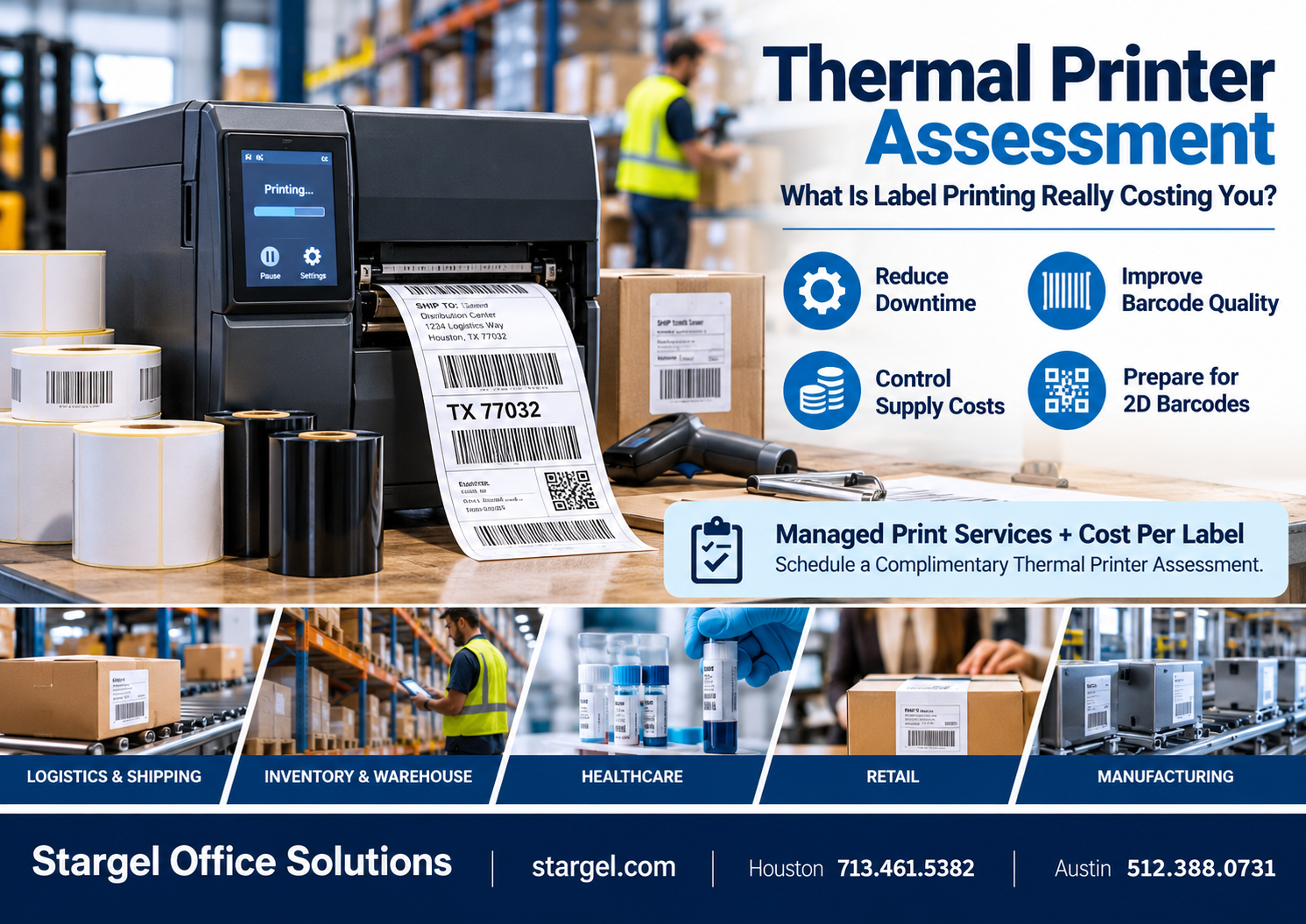 Thermal printer assessment showing Zebra thermal printers, barcode label printing, shipping labels, cost per label, downtime risks, and GS1 Sunrise 2027 readiness